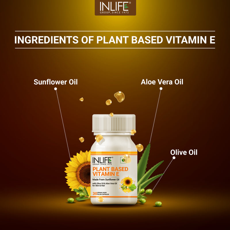 INLIFE Plant Based Natural Vitamin E Oil Capsules for Face and Hair | Sunflower, Olive & Aloe Vera Oils